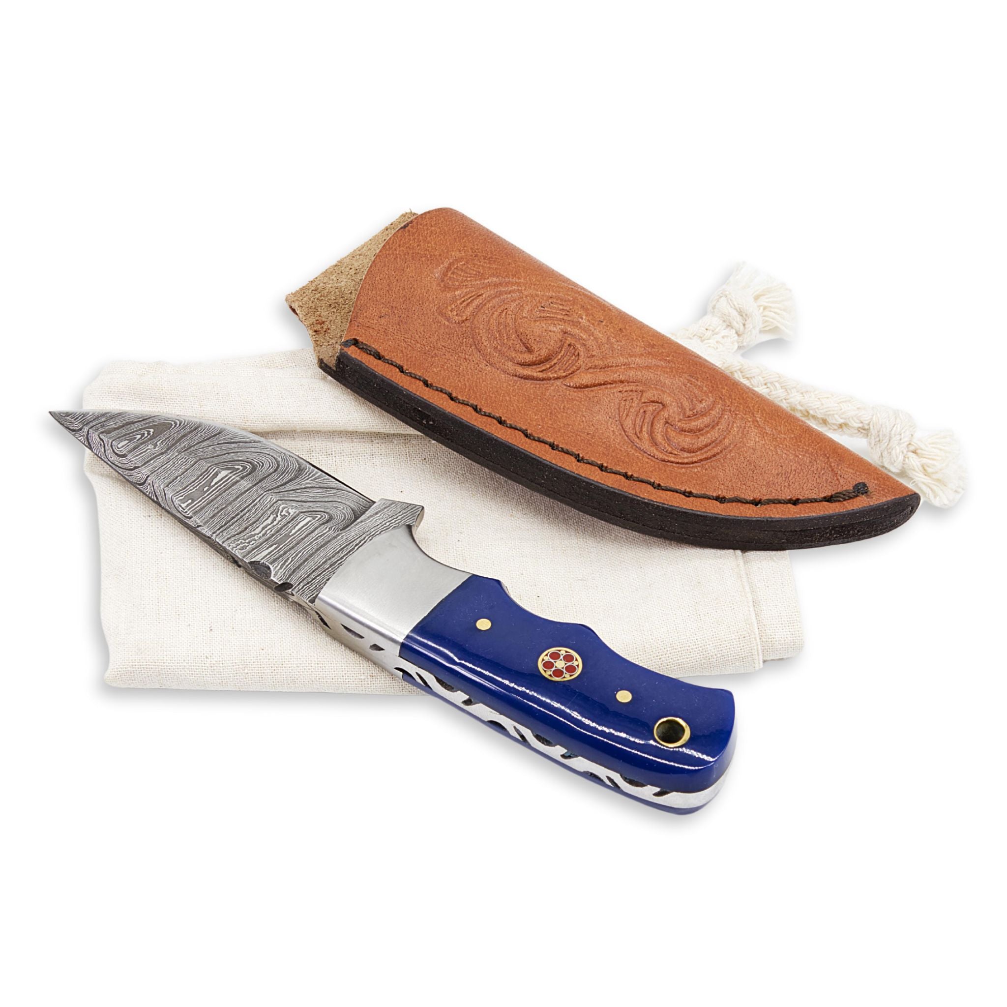 Natty Boon I, Damascus Steel, Sapphire Blue Resin Handle, Handmade Skinner Hunting Knife