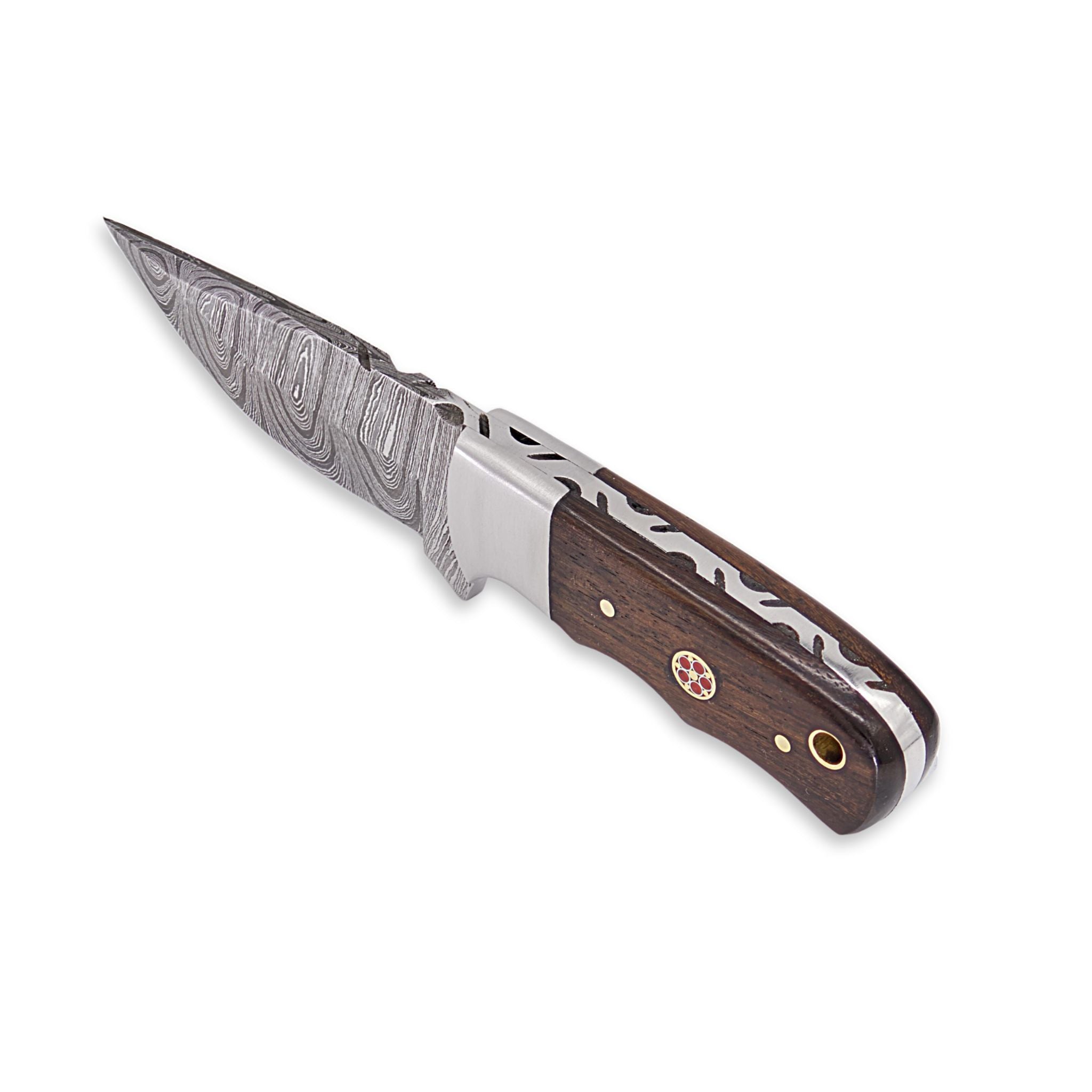 Brio Brisk I, Damascus Steel, Rosewood Handle, Handmade Small Bushcraft Skinner Hunting Knife