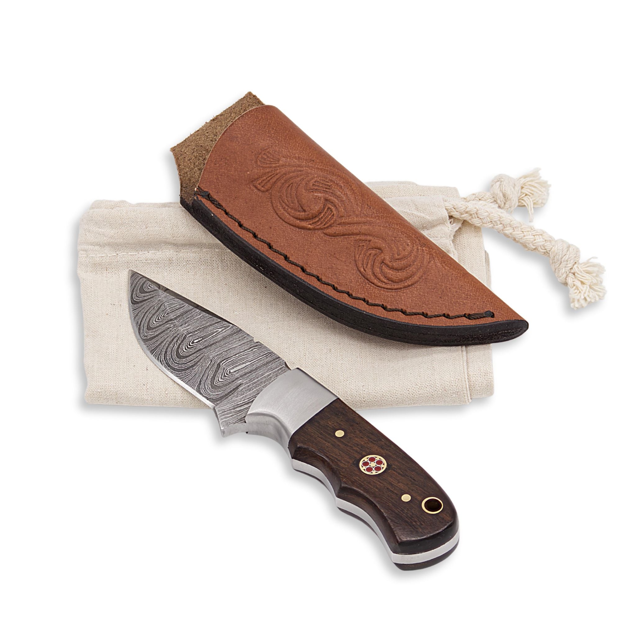 Brio Brisk I, Damascus Steel, Rosewood Handle, Handmade Small Bushcraft Skinner Hunting Knife