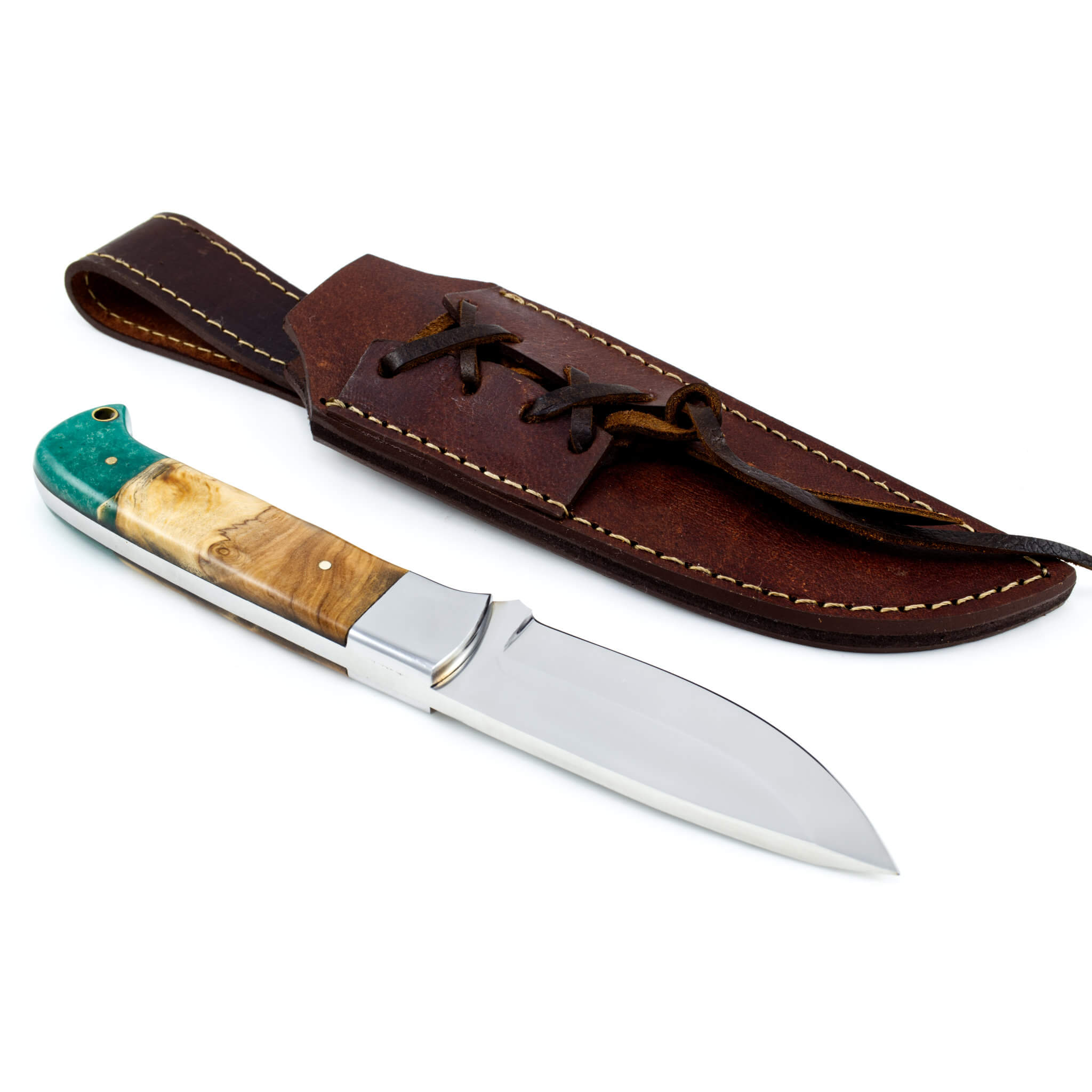 Moxie Momentum I, Vacuum Tempered D2 Stainless Steel, Olive & Opal Green Resin Handle, Handmade Camping Hunting Knife