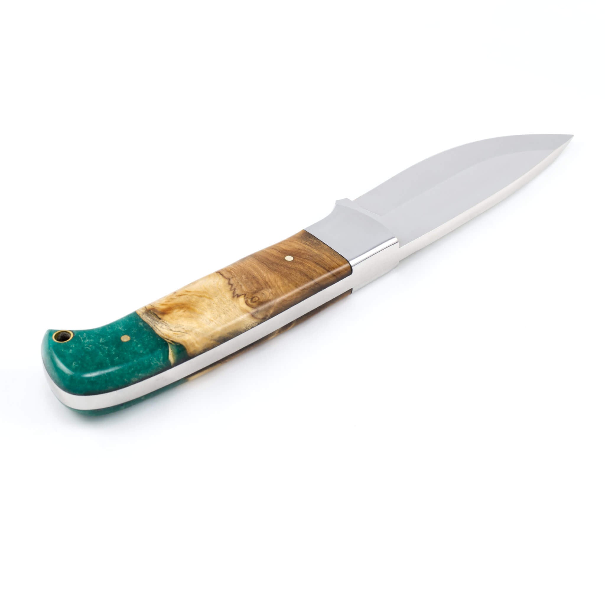 Moxie Momentum I, Vacuum Tempered D2 Stainless Steel, Olive & Opal Green Resin Handle, Handmade Camping Hunting Knife