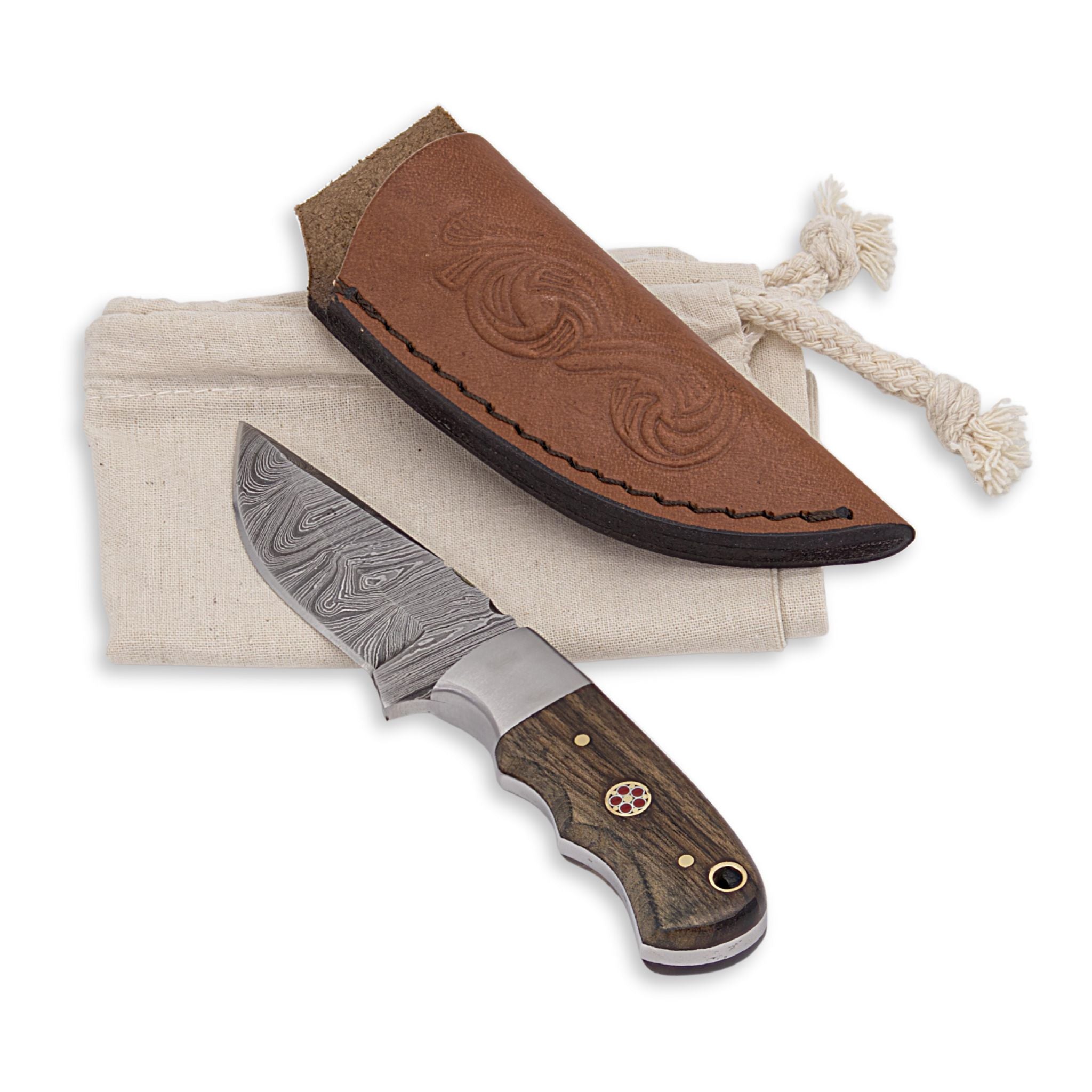 Brio Brisk III, Damascus Steel, Walnut Wood Handle, Handmade Small Bushcraft Skinner Knife