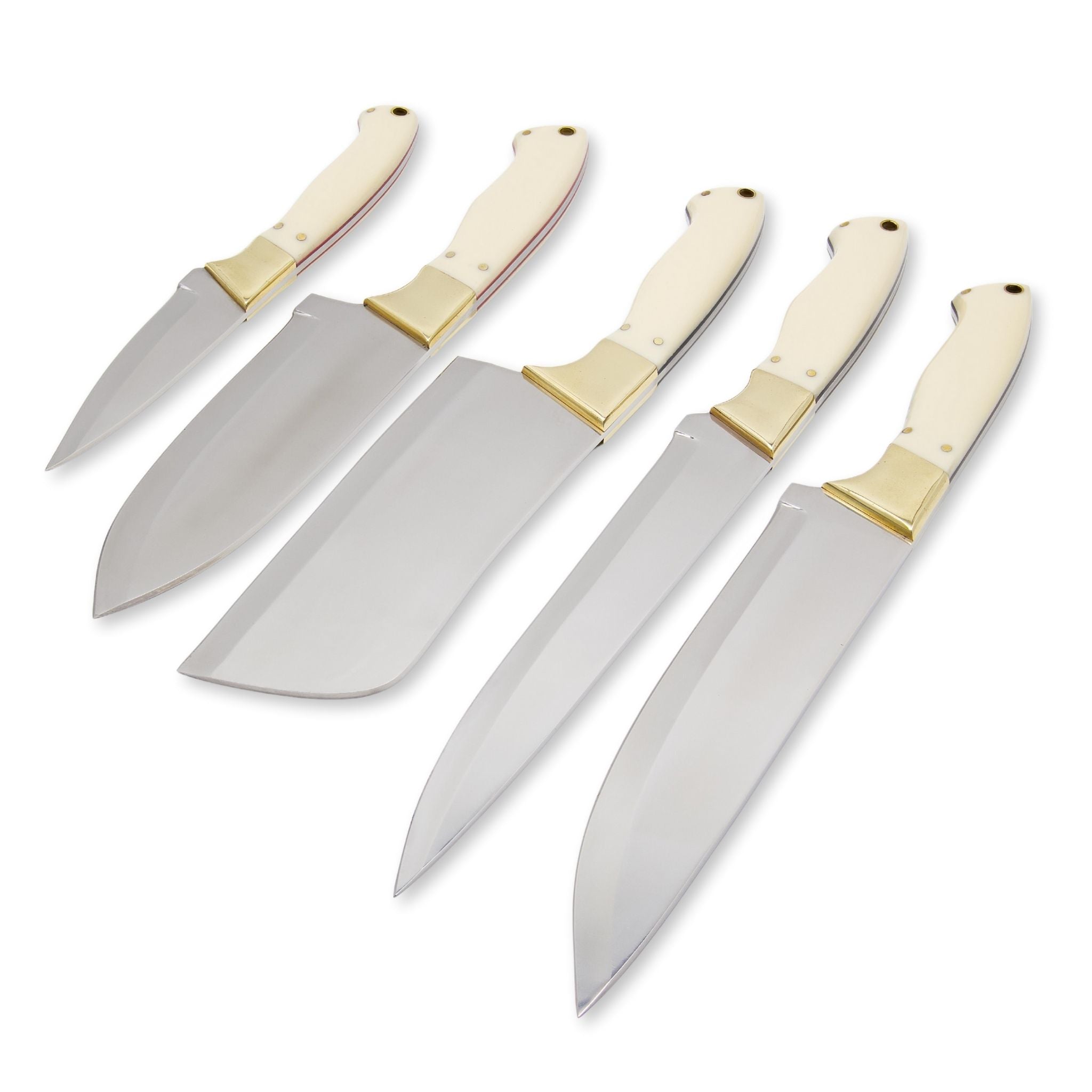 Kitchen Knife Set, Mirror Polished Stainless Steel, Brass & Resin Handle, Handmade Five Chef Knives, Genuine Leather Roll, CHKNSE-02