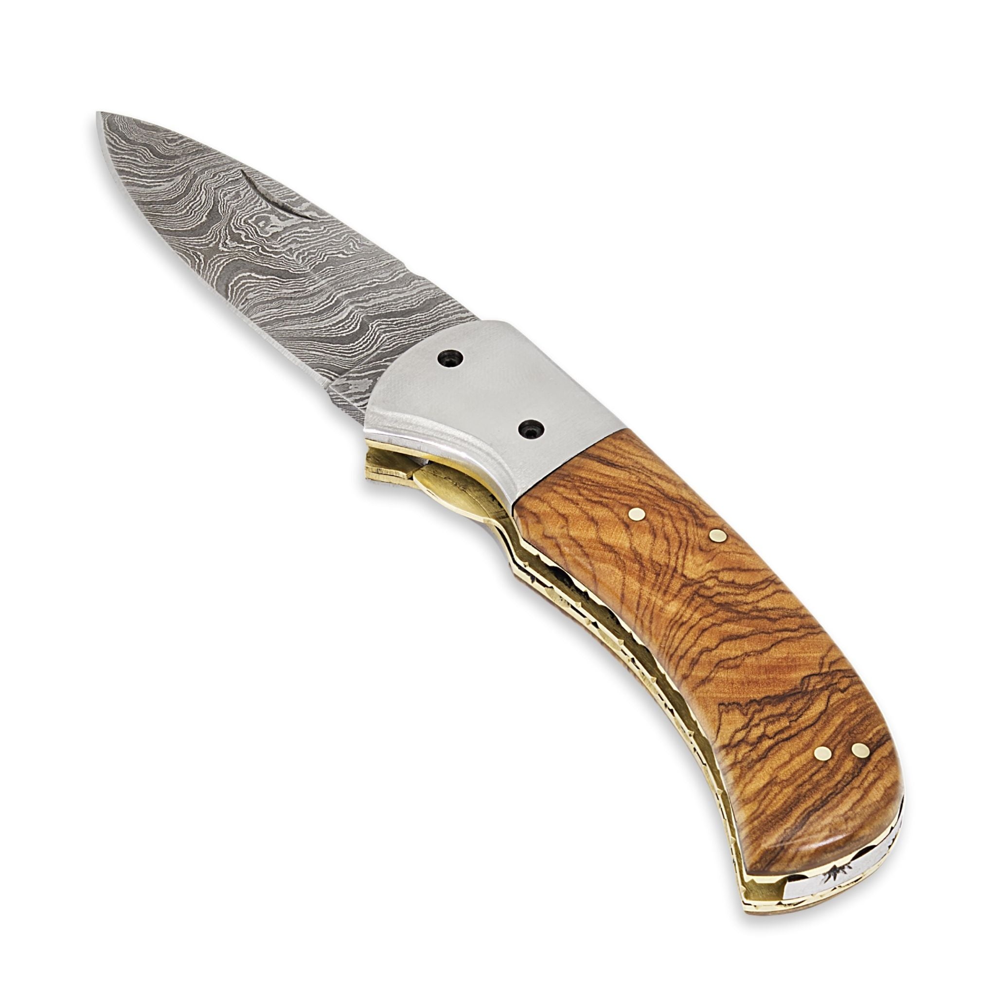 Trusty Fold III, Folding Knife, Damascus Steel, Olivewood Handle, Handmade Pocket Knife