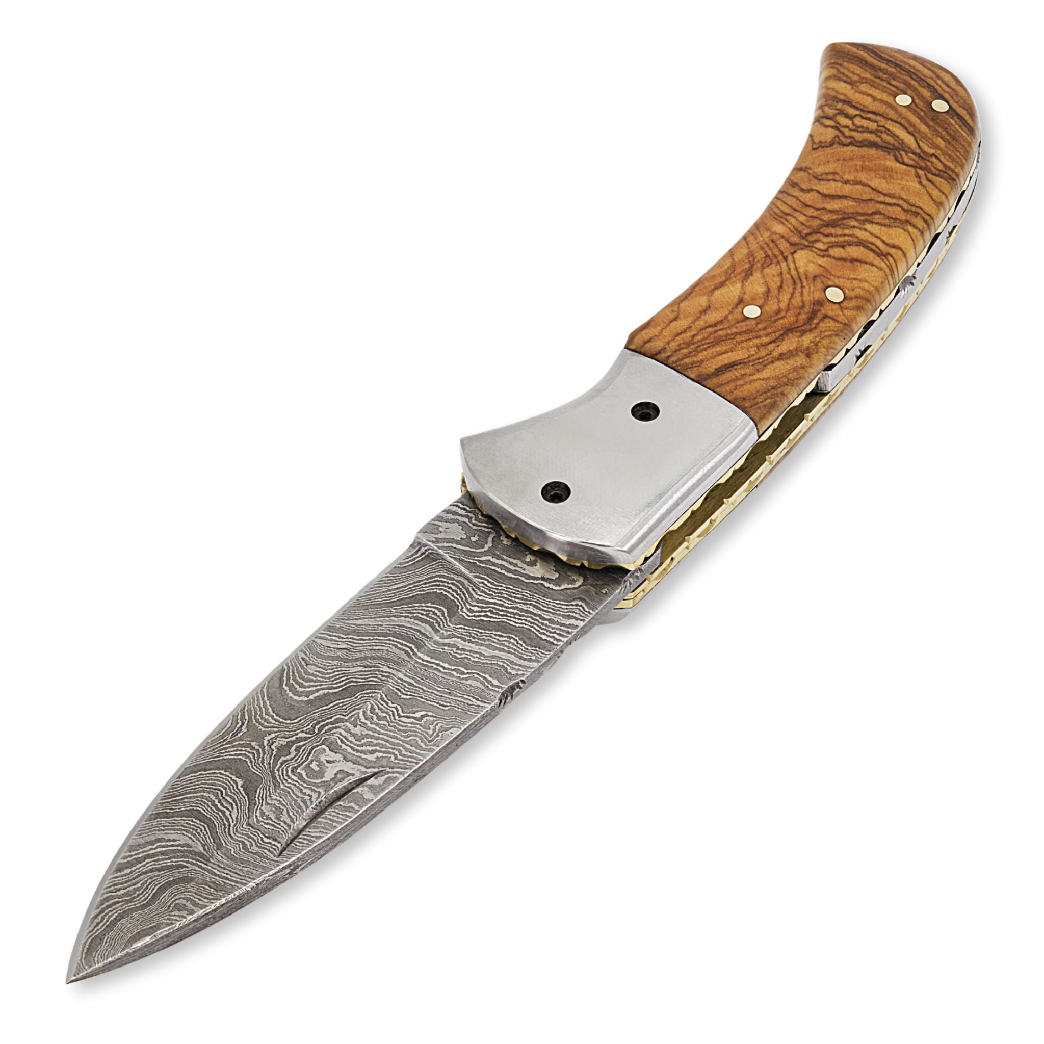 Trusty Fold III, Folding Knife, Damascus Steel, Olivewood Handle, Handmade Pocket Knife