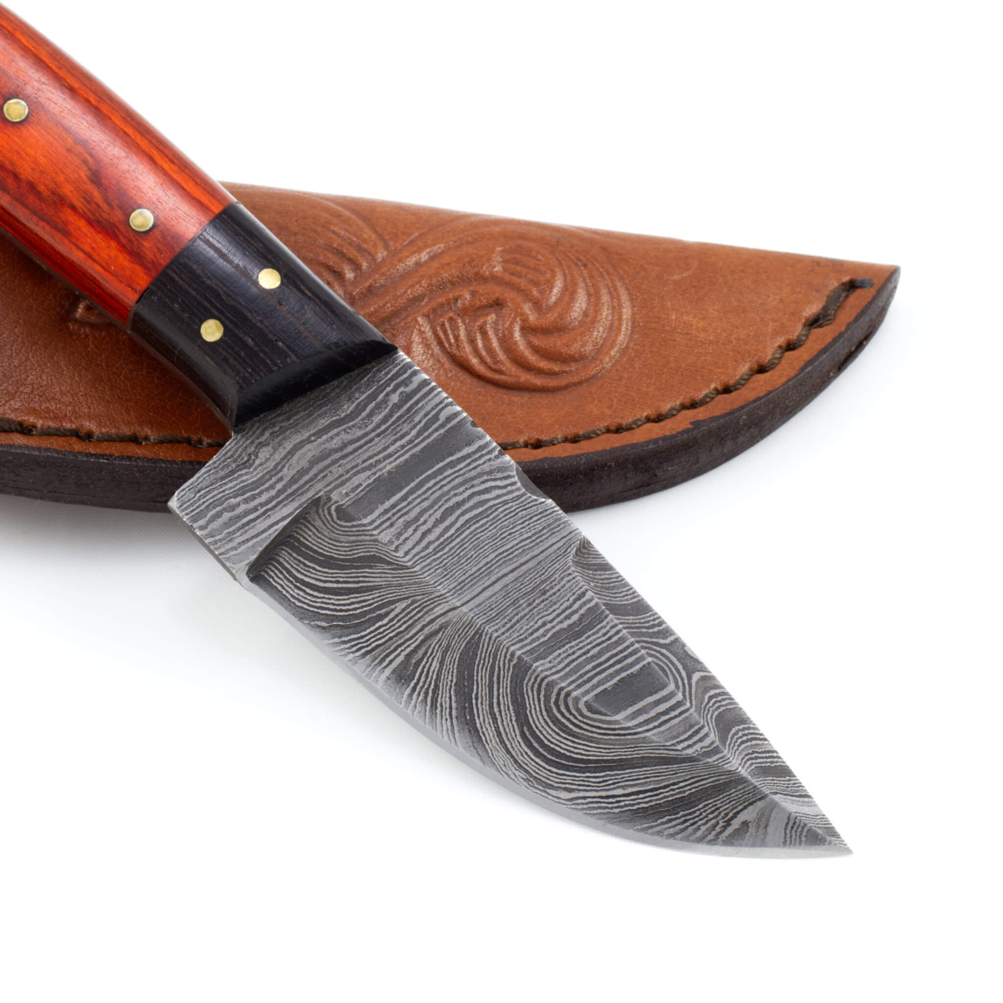 Custom handmade damascus steel skinner with store leather sheath