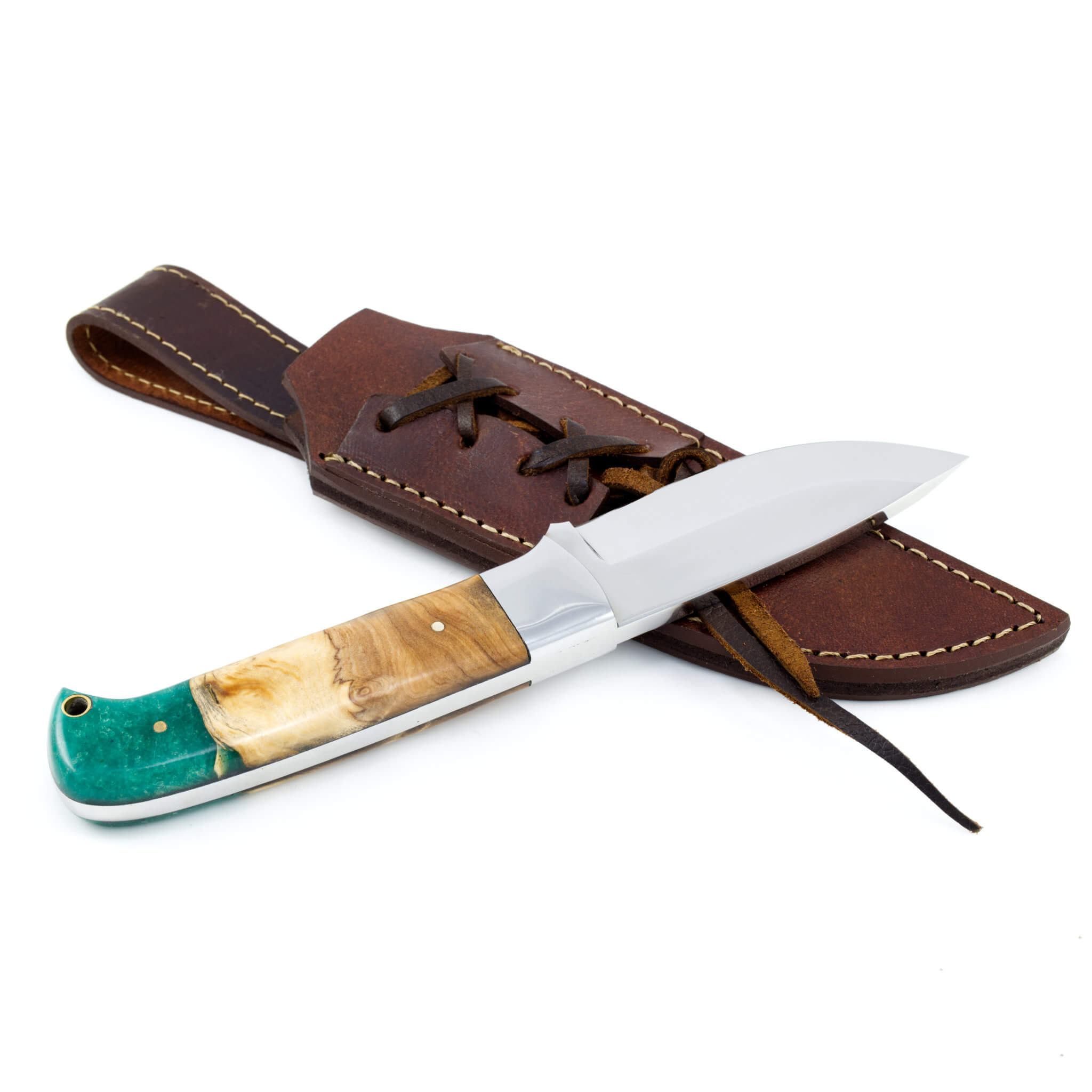 Moxie Momentum I, Vacuum Tempered D2 Stainless Steel, Olive & Opal Green Resin Handle, Handmade Camping Hunting Knife